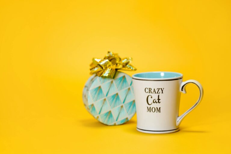 A ceramic mug reading 'Crazy Cat Mom' beside a gift box with a golden bow on a vivid yellow background.